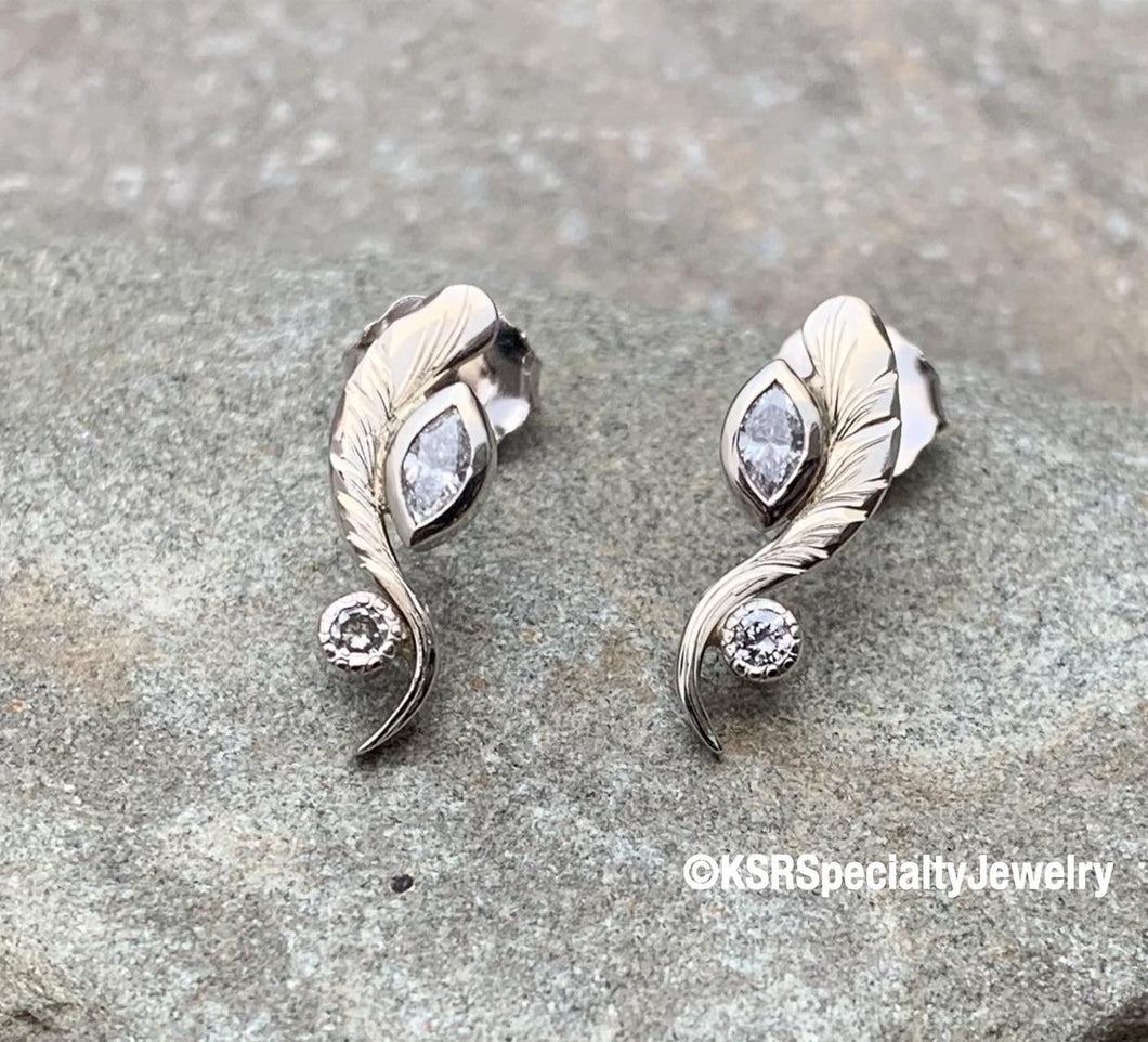 Hand Engraved White Gold and Diamond Earrings